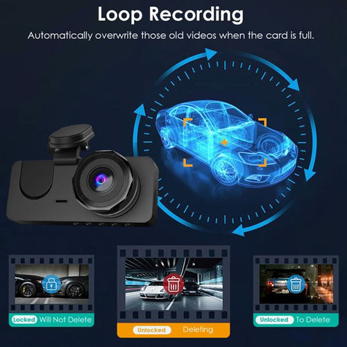 3 Channel Dash Cam Front Inside Rear Vehicle Driving Recorder Car DVR with 32G MMC Card G Sensor Motion Detection Parking Monitor Loop Recording - 7DAY'S