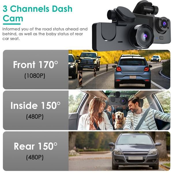 3 Channel Dash Cam Front Inside Rear Vehicle Driving Recorder Car DVR with 32G MMC Card G Sensor Motion Detection Parking Monitor Loop Recording - 7DAY'S
