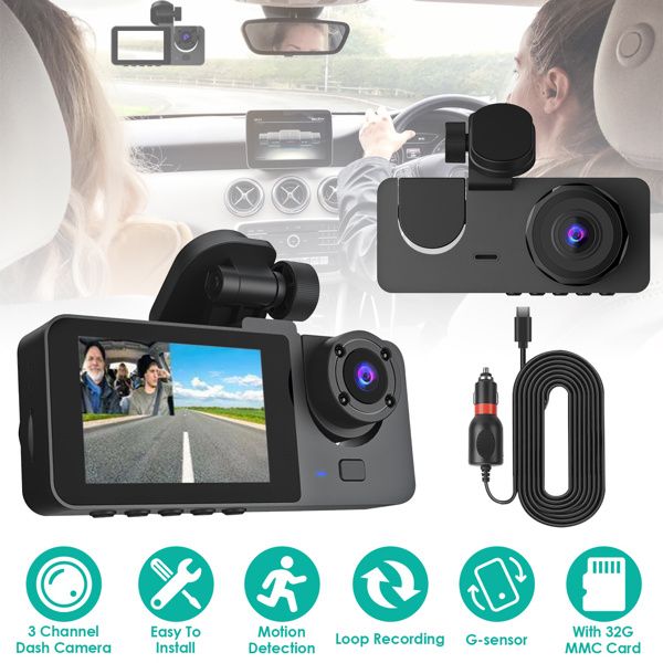 3 Channel Dash Cam Front Inside Rear Vehicle Driving Recorder Car DVR with 32G MMC Card G Sensor Motion Detection Parking Monitor Loop Recording - 7DAY'S