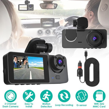 3 Channel Dash Cam Front Inside Rear Vehicle Driving Recorder Car DVR with 32G MMC Card G Sensor Motion Detection Parking Monitor Loop Recording - 7DAY'S