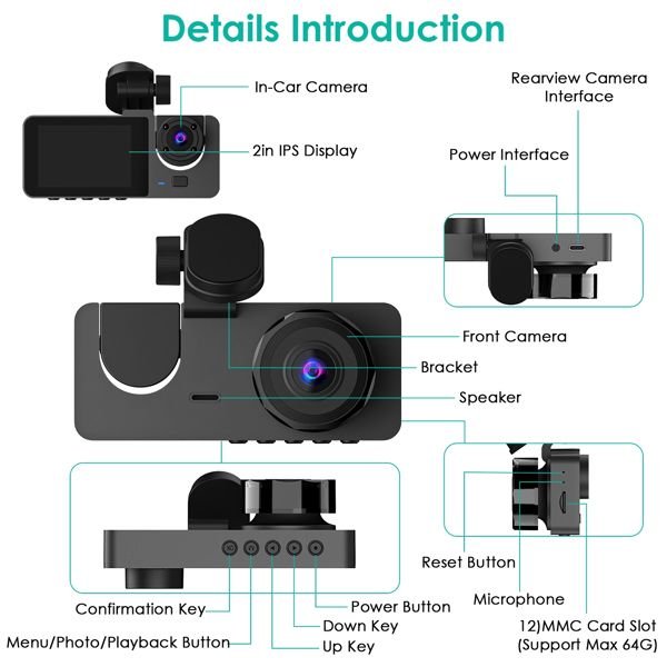 3 Channel Dash Cam Front Inside Rear Vehicle Driving Recorder Car DVR with 32G MMC Card G Sensor Motion Detection Parking Monitor Loop Recording - 7DAY'S