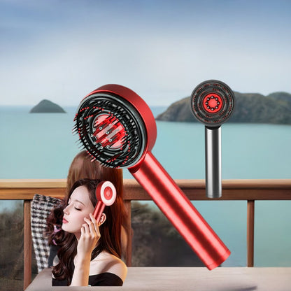 Red hair dryer brush with ionic styling, shown with woman styling hair on balcony overlooking ocean