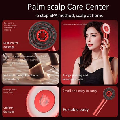 Palm scalp massager with red/blue light therapy, portable design for home SPA care and hair root repair
