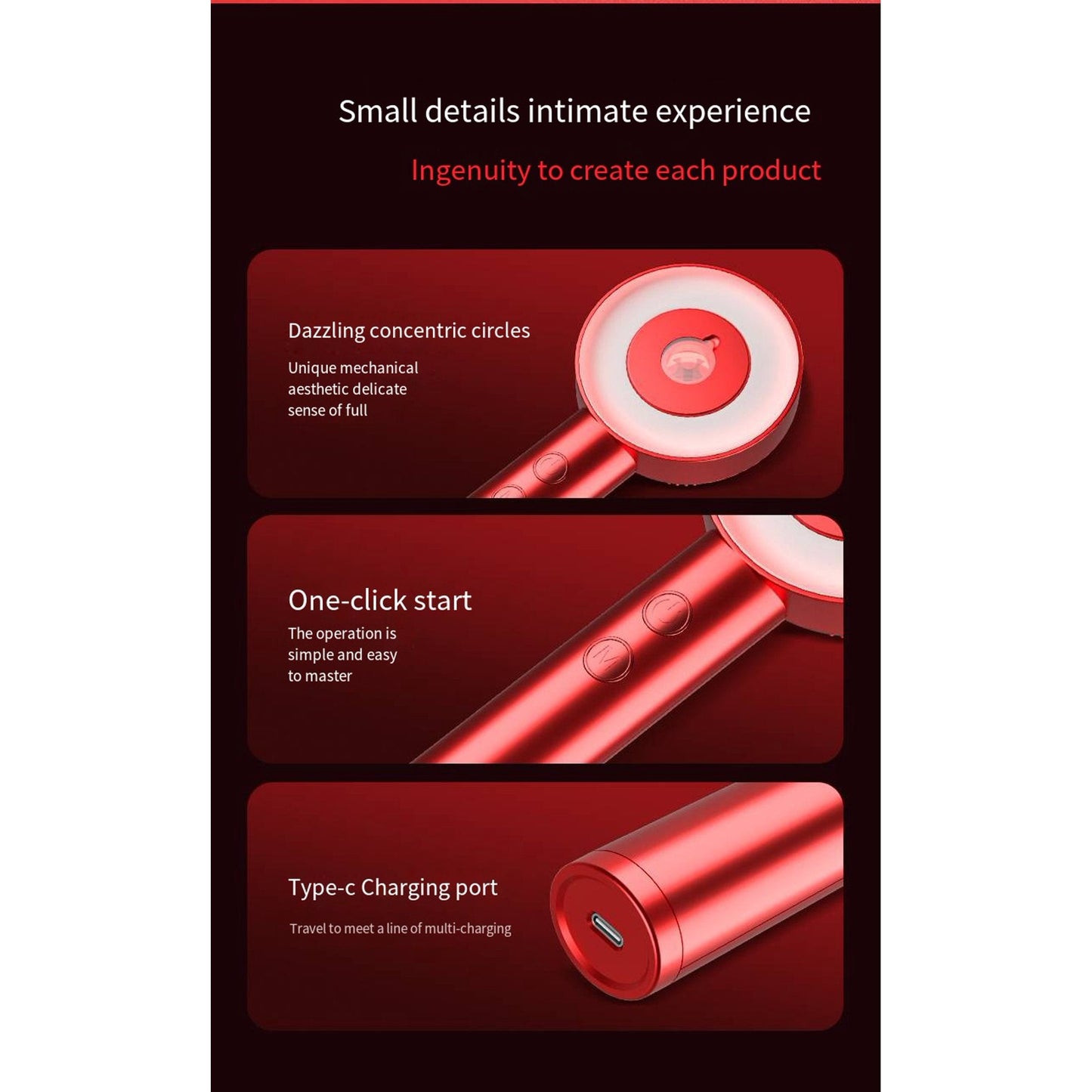 Red handheld massager with concentric circles, one-click start, and Type-C charging port
