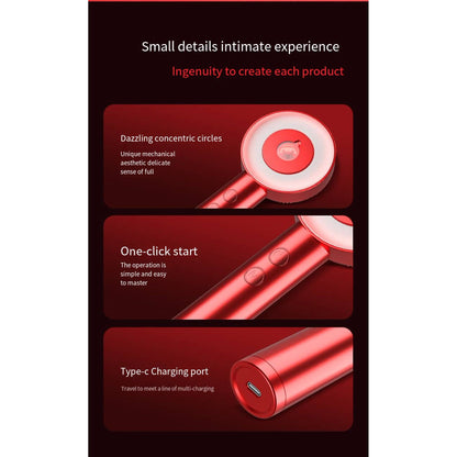 Red handheld massager with concentric circles, one-click start, and Type-C charging port