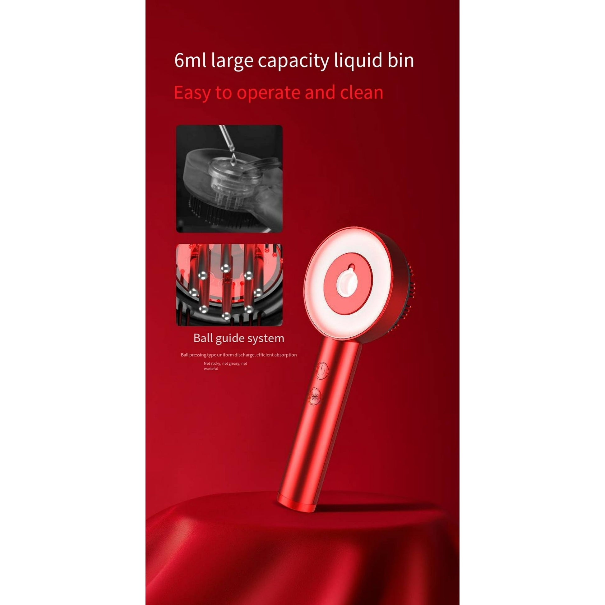 Red handheld beauty device with 6ml liquid bin, ball guide system, easy clean design for skincare
