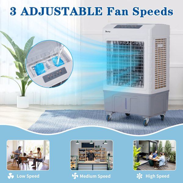 3 in 1 Portable Evaporative Cooler,Indoor,Outdoor,2647CFM Personal Air Cooler with remote control ,10.57 Gal Large Water Tank & Scroll Casters, 4 Ice Packs,White and gray - 7DAY'S