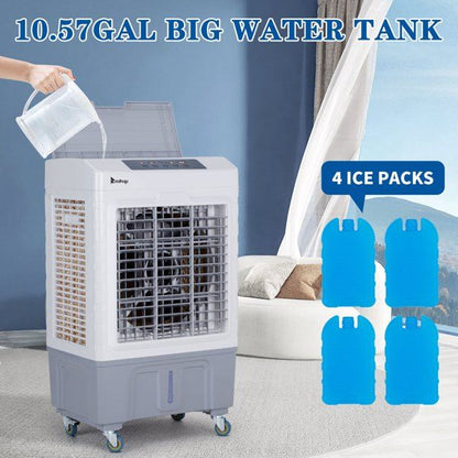 3 in 1 Portable Evaporative Cooler,Indoor,Outdoor,2647CFM Personal Air Cooler with remote control ,10.57 Gal Large Water Tank & Scroll Casters, 4 Ice Packs,White and gray - 7DAY'S