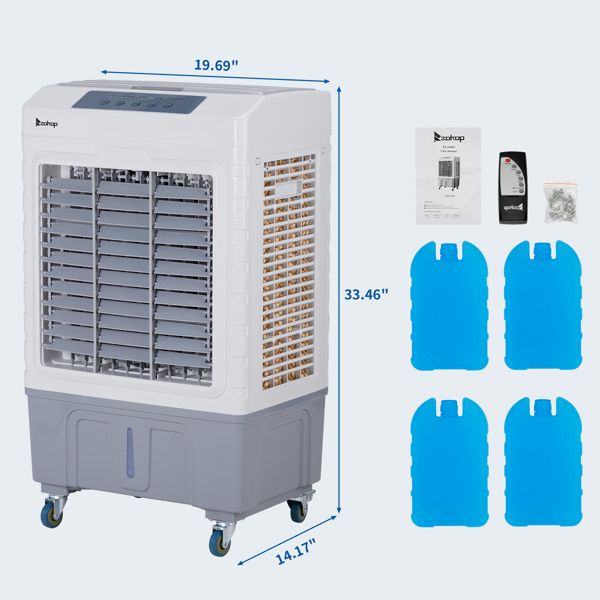 3 in 1 Portable Evaporative Cooler,Indoor,Outdoor,2647CFM Personal Air Cooler with remote control ,10.57 Gal Large Water Tank & Scroll Casters, 4 Ice Packs,White and gray - 7DAY'S