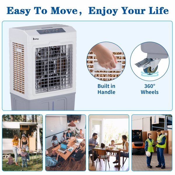 3 in 1 Portable Evaporative Cooler,Indoor,Outdoor,2647CFM Personal Air Cooler with remote control ,10.57 Gal Large Water Tank & Scroll Casters, 4 Ice Packs,White and gray - 7DAY'S