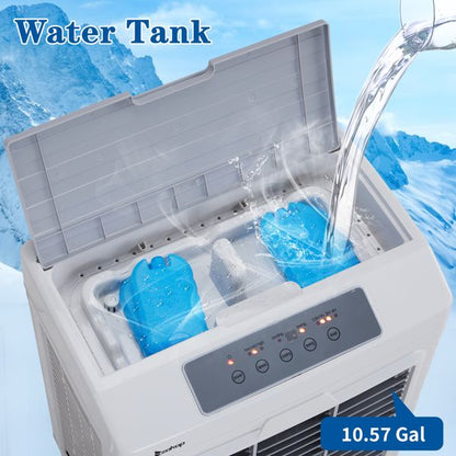3 in 1 Portable Evaporative Cooler,Indoor,Outdoor,2647CFM Personal Air Cooler with remote control ,10.57 Gal Large Water Tank & Scroll Casters, 4 Ice Packs,White and gray - 7DAY'S