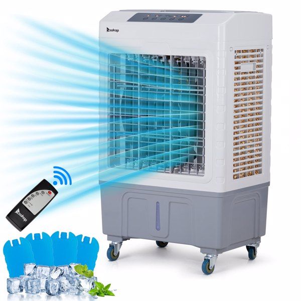 3 in 1 Portable Evaporative Cooler,Indoor,Outdoor,2647CFM Personal Air Cooler with remote control ,10.57 Gal Large Water Tank & Scroll Casters, 4 Ice Packs,White and gray - 7DAY'S
