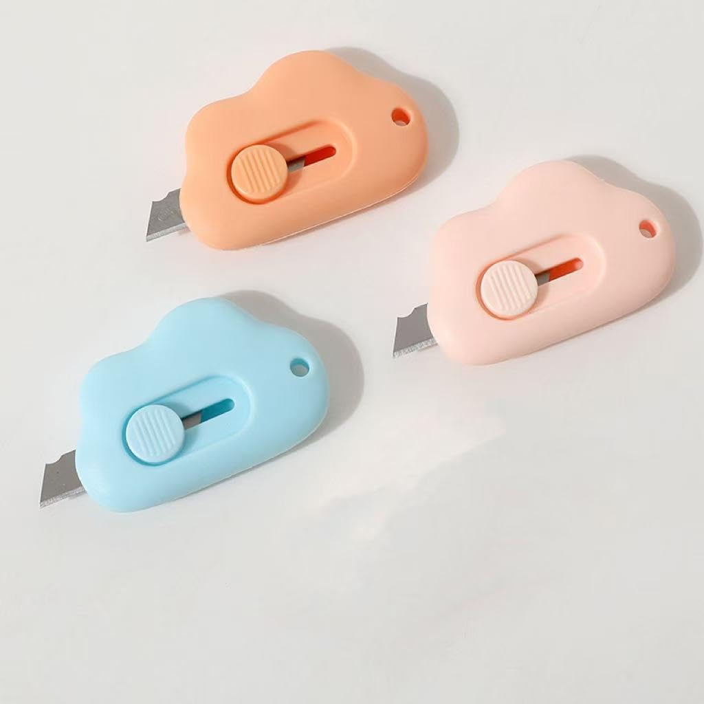 3 - Pack Cloud - Shaped Box Cutters, Retractable Letter Opener for Keychain, Pocket & Envelope, Adorable Tiny Paper Cutter for Girls & Boys (Bule+Pink+Orenge) - 7DAY'S