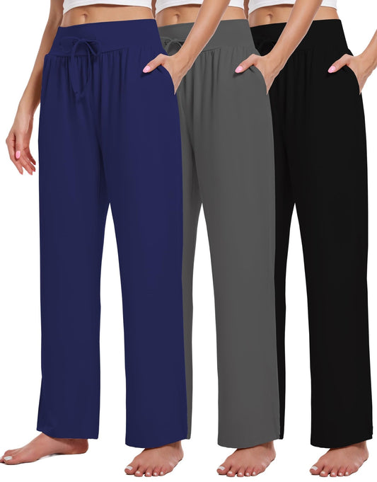 3 Pack Women's Lounge Pants Wide Leg Yoga Sweatpants with Pockets High Waisted Drawstring Lounge Loose Workout Jogger - 7DAY'S