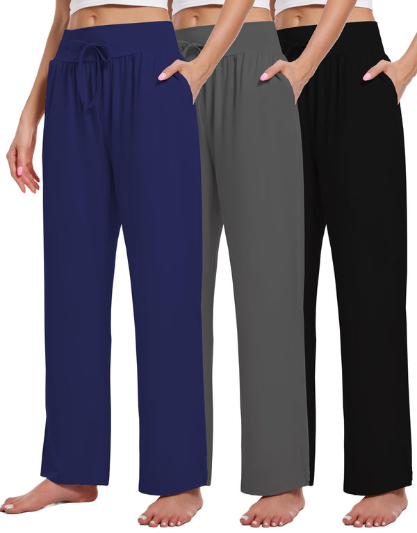 3 Pack Women's Lounge Pants Wide Leg Yoga Sweatpants with Pockets High Waisted Drawstring Lounge Loose Workout Jogger