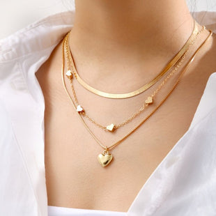 3 Pcs Heart Shape Charm Chain Necklace Stackable Three Layers Necklace Adjustable Neck Link Chain Jewelry - 7DAY'S