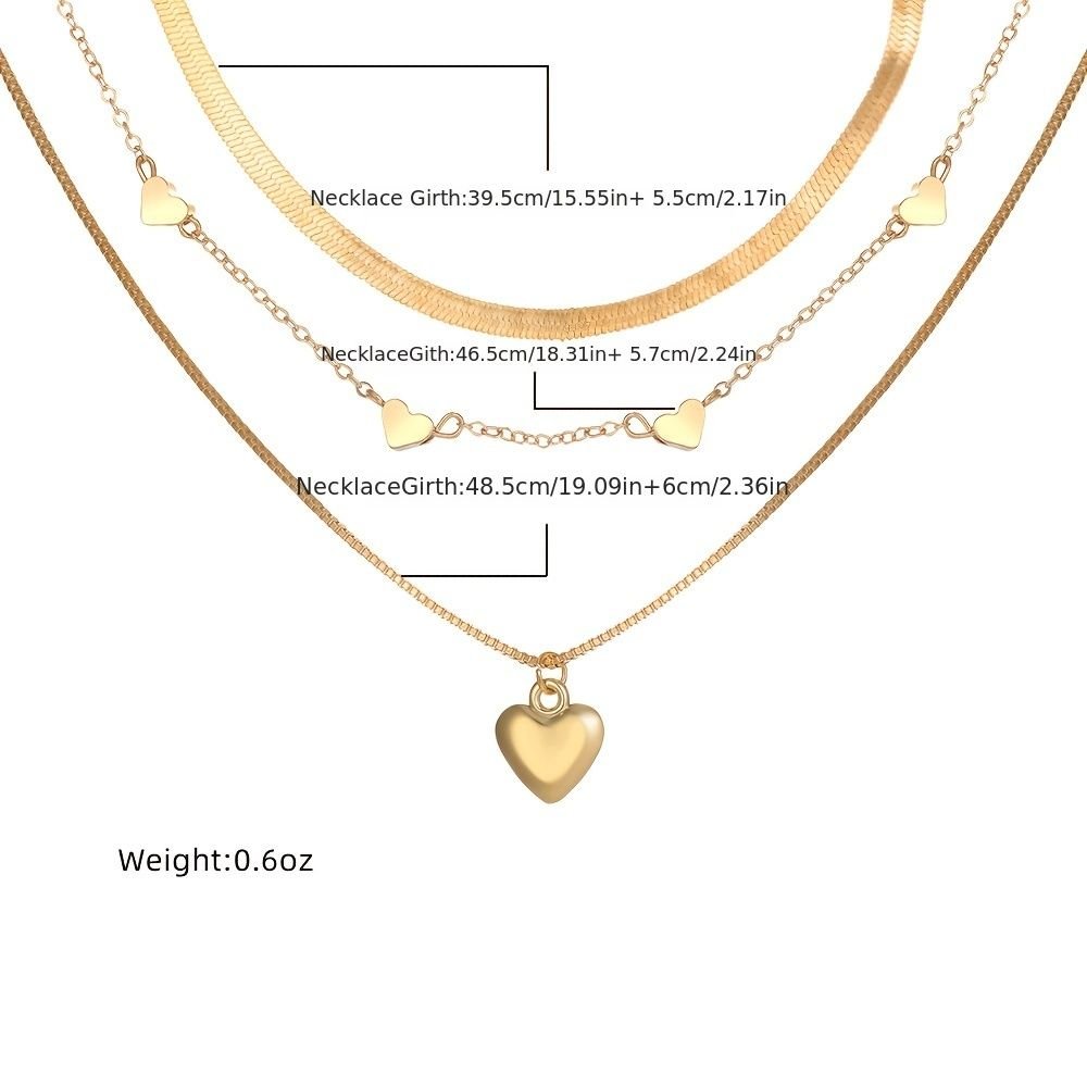 3 Pcs Heart Shape Charm Chain Necklace Stackable Three Layers Necklace Adjustable Neck Link Chain Jewelry - 7DAY'S