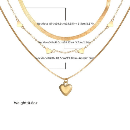 3 Pcs Heart Shape Charm Chain Necklace Stackable Three Layers Necklace Adjustable Neck Link Chain Jewelry - 7DAY'S