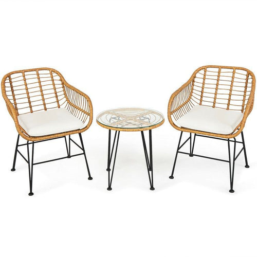 3 Pieces Rattan Furniture Set with Cushioned Chair Table