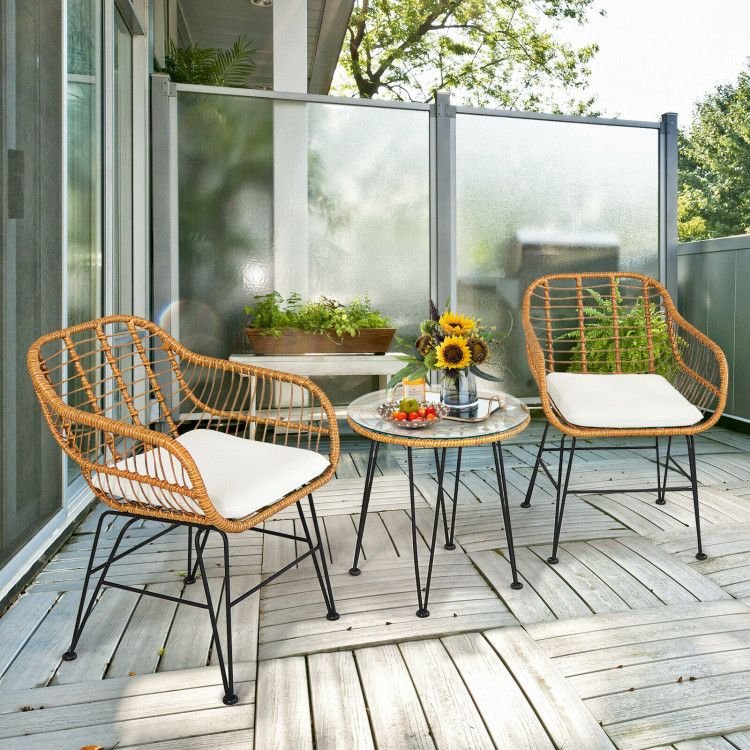3 Pieces Rattan Furniture Set with Cushioned Chair Table - 7DAY'S