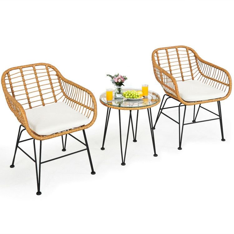 3 Pieces Rattan Furniture Set with Cushioned Chair Table - 7DAY'S