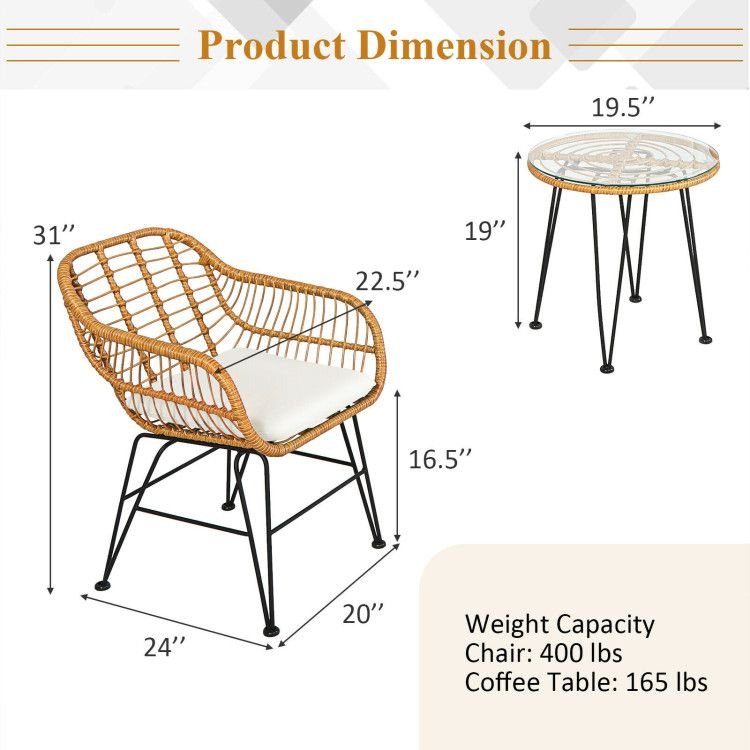 3 Pieces Rattan Furniture Set with Cushioned Chair Table - 7DAY'S