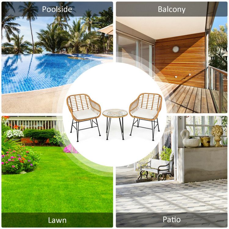 3 Pieces Rattan Furniture Set with Cushioned Chair Table - 7DAY'S