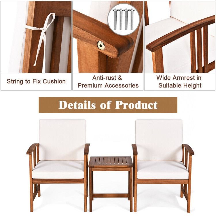 3 Pieces Solid Wood Outdoor Patio Sofa Furniture Set - 7DAY'S