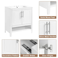 30" Bathroom Vanity with Sink, Multi - functional Bathroom Cabinet with Doors and Drawers, Solid Frame and MDF Board, White - 7DAY'S