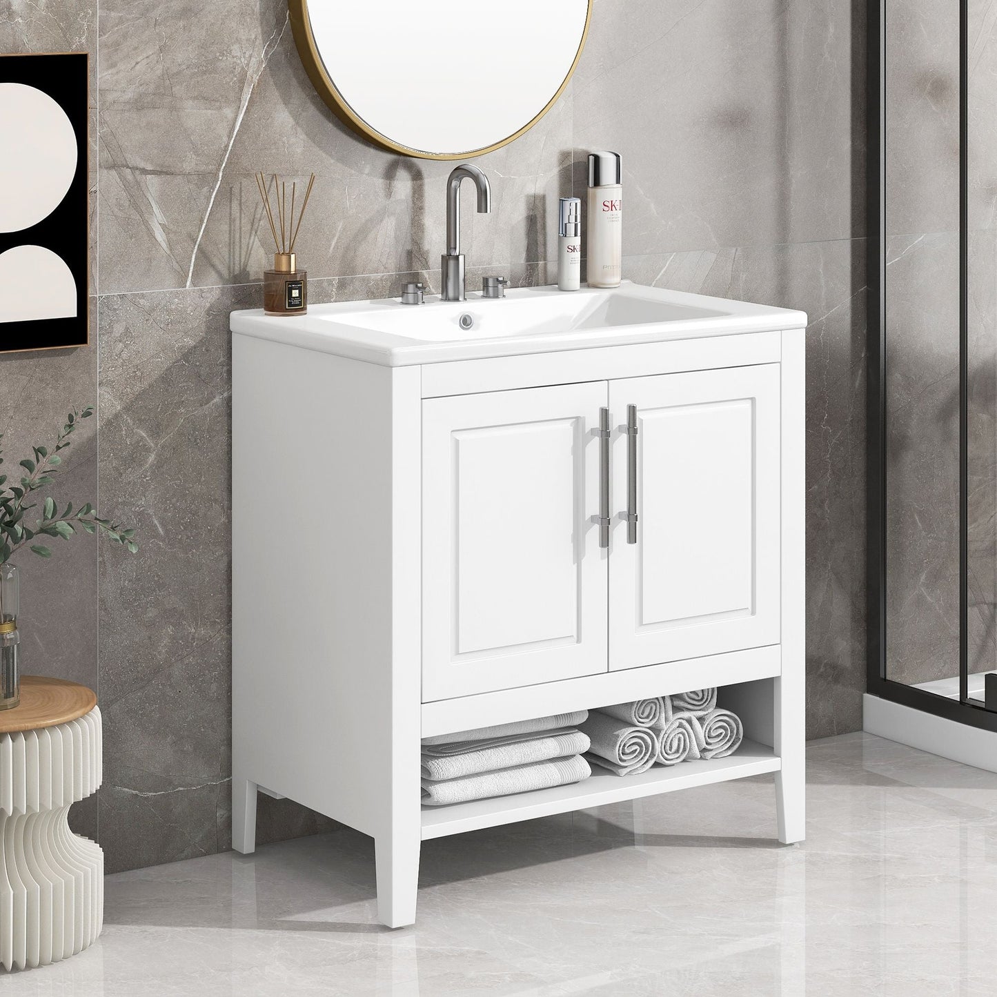 30" Bathroom Vanity with Sink, Multi - functional Bathroom Cabinet with Doors and Drawers, Solid Frame and MDF Board, White - 7DAY'S