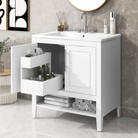 30" Bathroom Vanity with Sink, Multi - functional Bathroom Cabinet with Doors and Drawers, Solid Frame and MDF Board, White - 7DAY'S