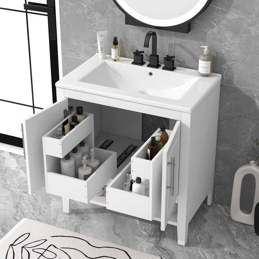 30" Bathroom Vanity with Sink, Multi - functional Bathroom Cabinet with Doors and Drawers, Solid Frame and MDF Board, White - 7DAY'S