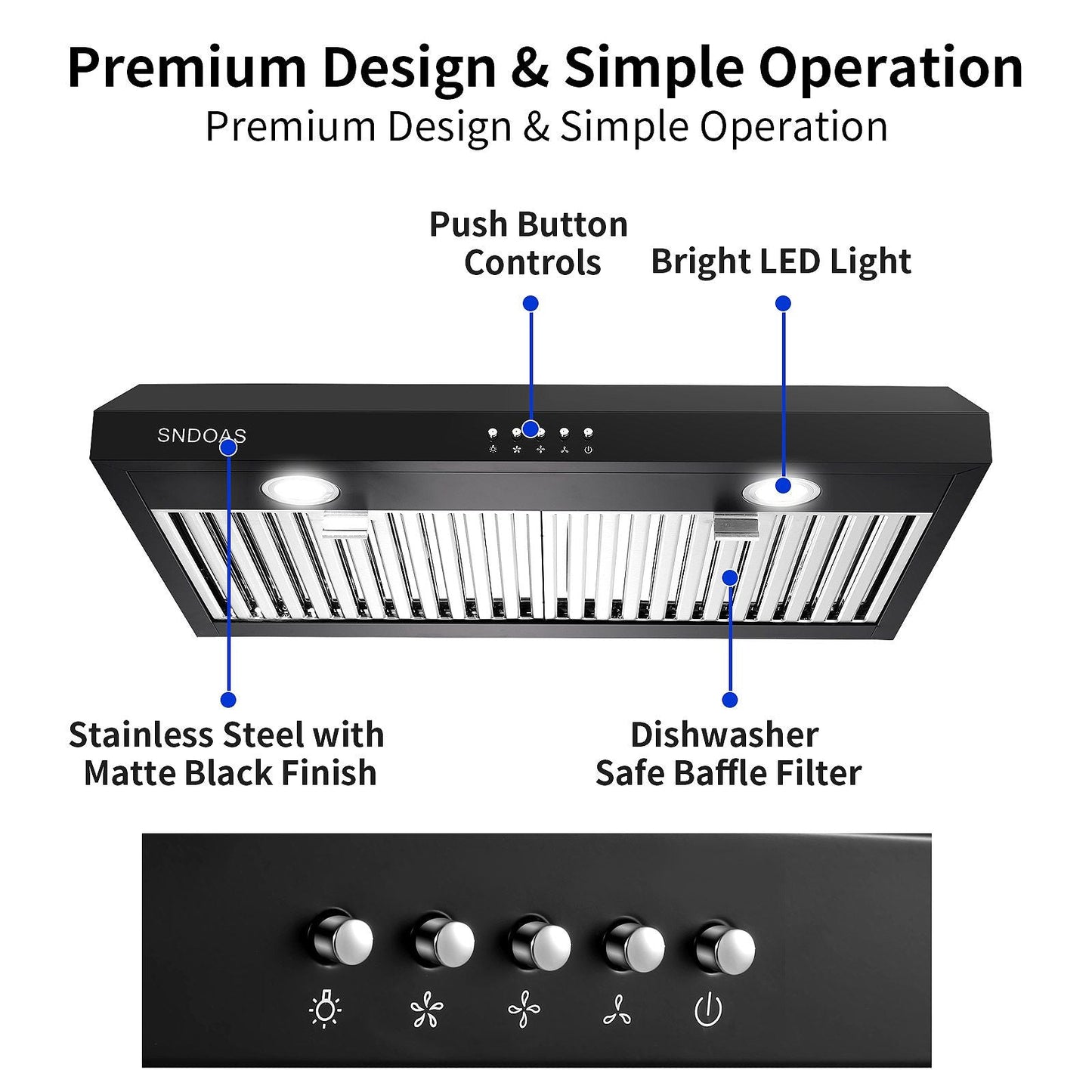 30 inch Kitchen Under Cabinet Range Hood 3 - Speed 600CFM Vent w/LEDs Silver/Black - 7DAY'S