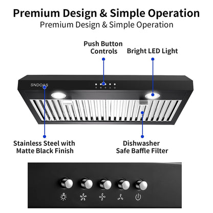 30 inch Kitchen Under Cabinet Range Hood 3 - Speed 600CFM Vent w/LEDs Silver/Black - 7DAY'S