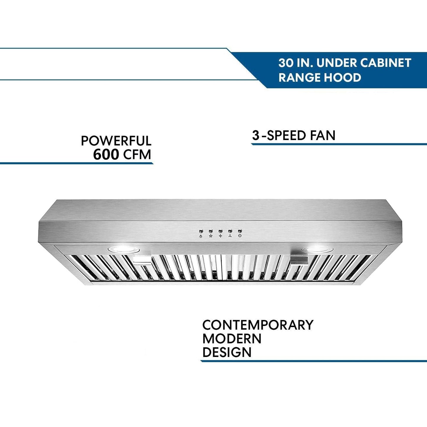 30 inch Kitchen Under Cabinet Range Hood 3 - Speed 600CFM Vent w/LEDs Silver/Black - 7DAY'S