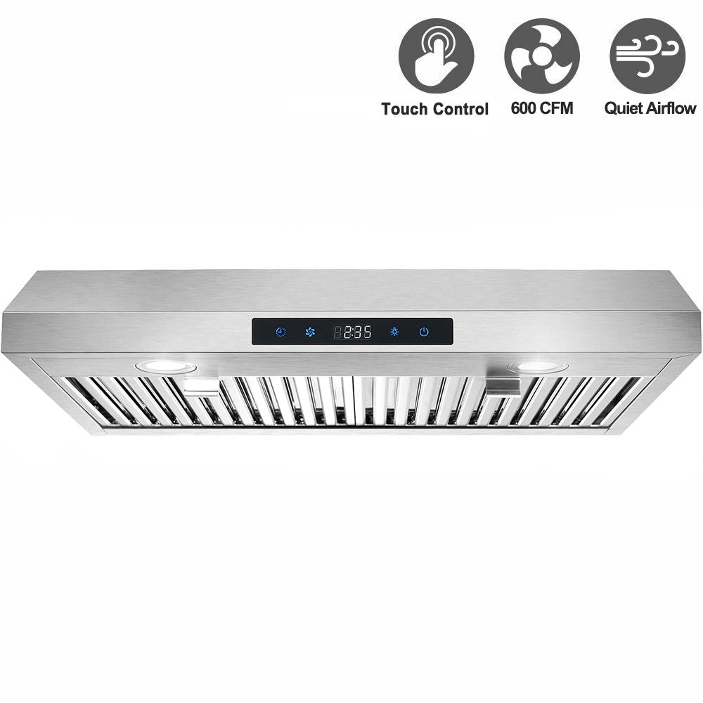 30 inch Kitchen Under Cabinet Range Hood 3 - Speed 600CFM Vent w/LEDs Silver/Black - 7DAY'S