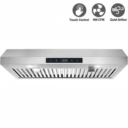 30 inch Kitchen Under Cabinet Range Hood 3 - Speed 600CFM Vent w/LEDs Silver/Black - 7DAY'S