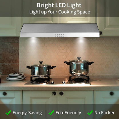 30 inch Kitchen Under Cabinet Range Hood 3 - Speed 600CFM Vent w/LEDs Silver/Black - 7DAY'S