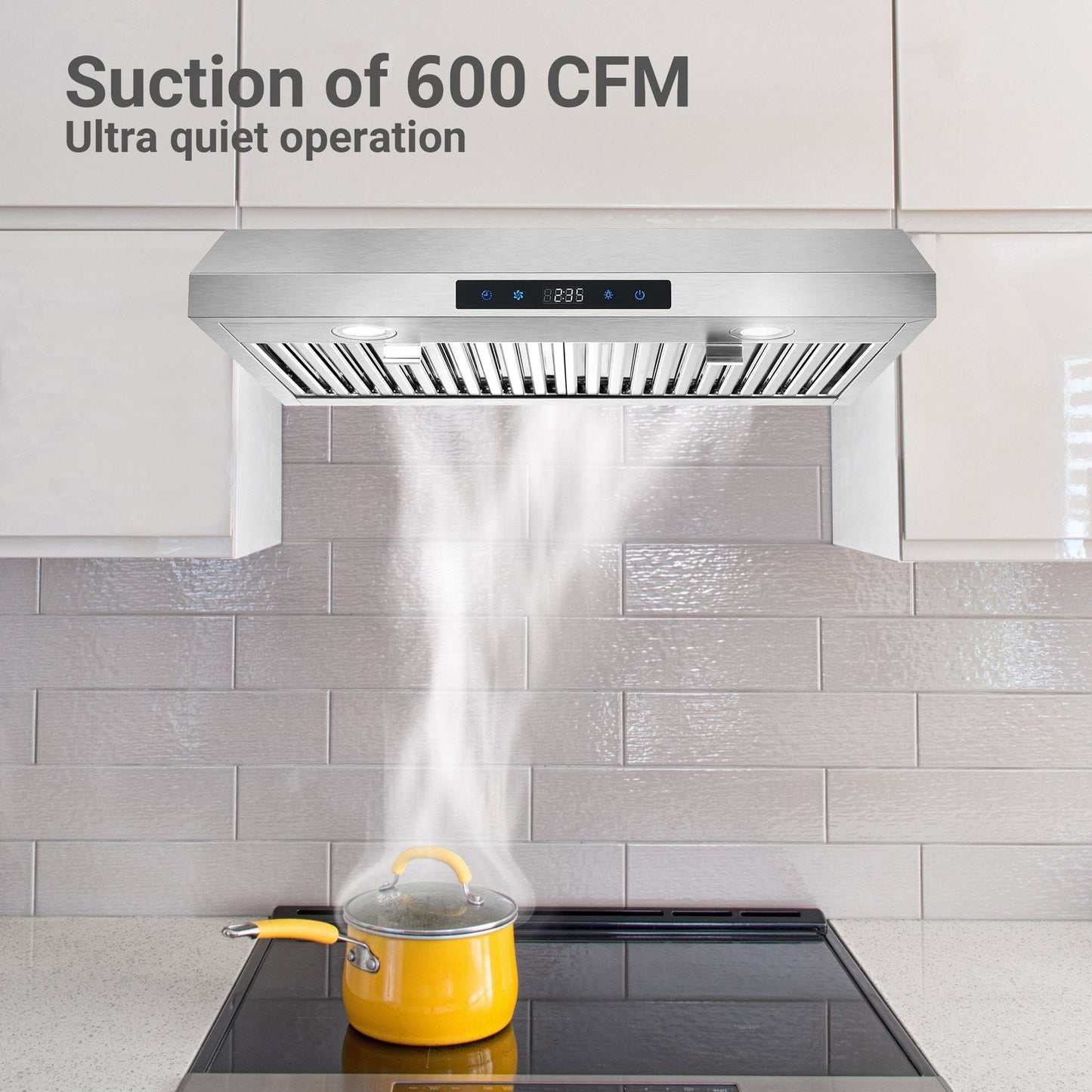 30 inch Kitchen Under Cabinet Range Hood 3 - Speed 600CFM Vent w/LEDs Silver/Black - 7DAY'S