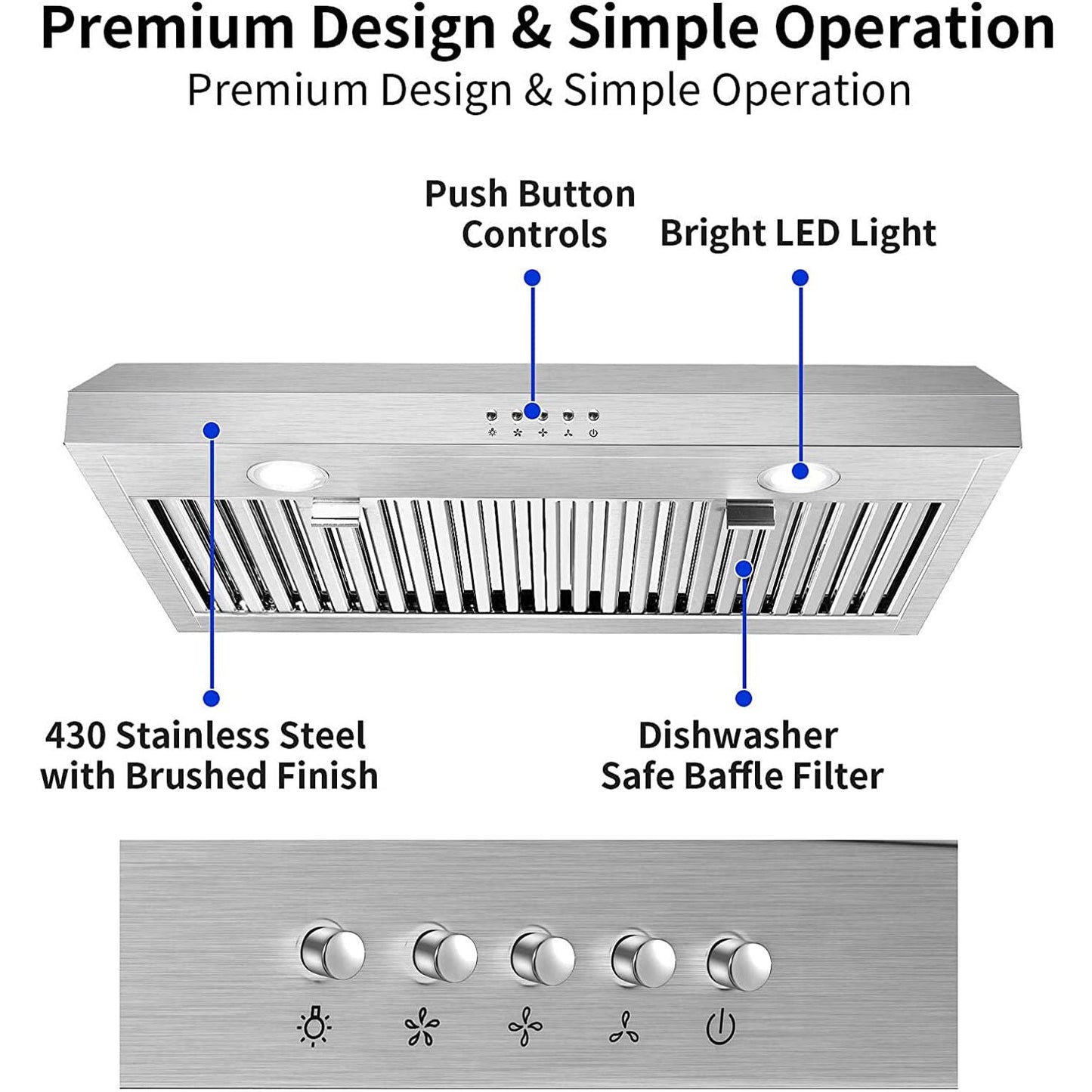 30 inch Kitchen Under Cabinet Range Hood 3 - Speed 600CFM Vent w/LEDs Silver/Black - 7DAY'S