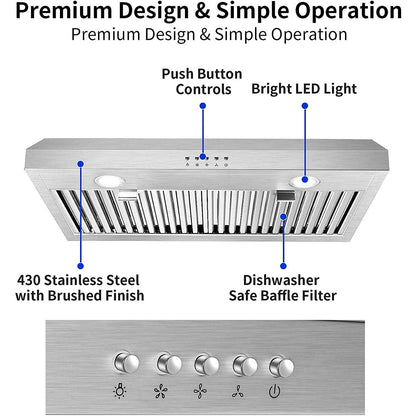 30 inch Kitchen Under Cabinet Range Hood 3 - Speed 600CFM Vent w/LEDs Silver/Black - 7DAY'S