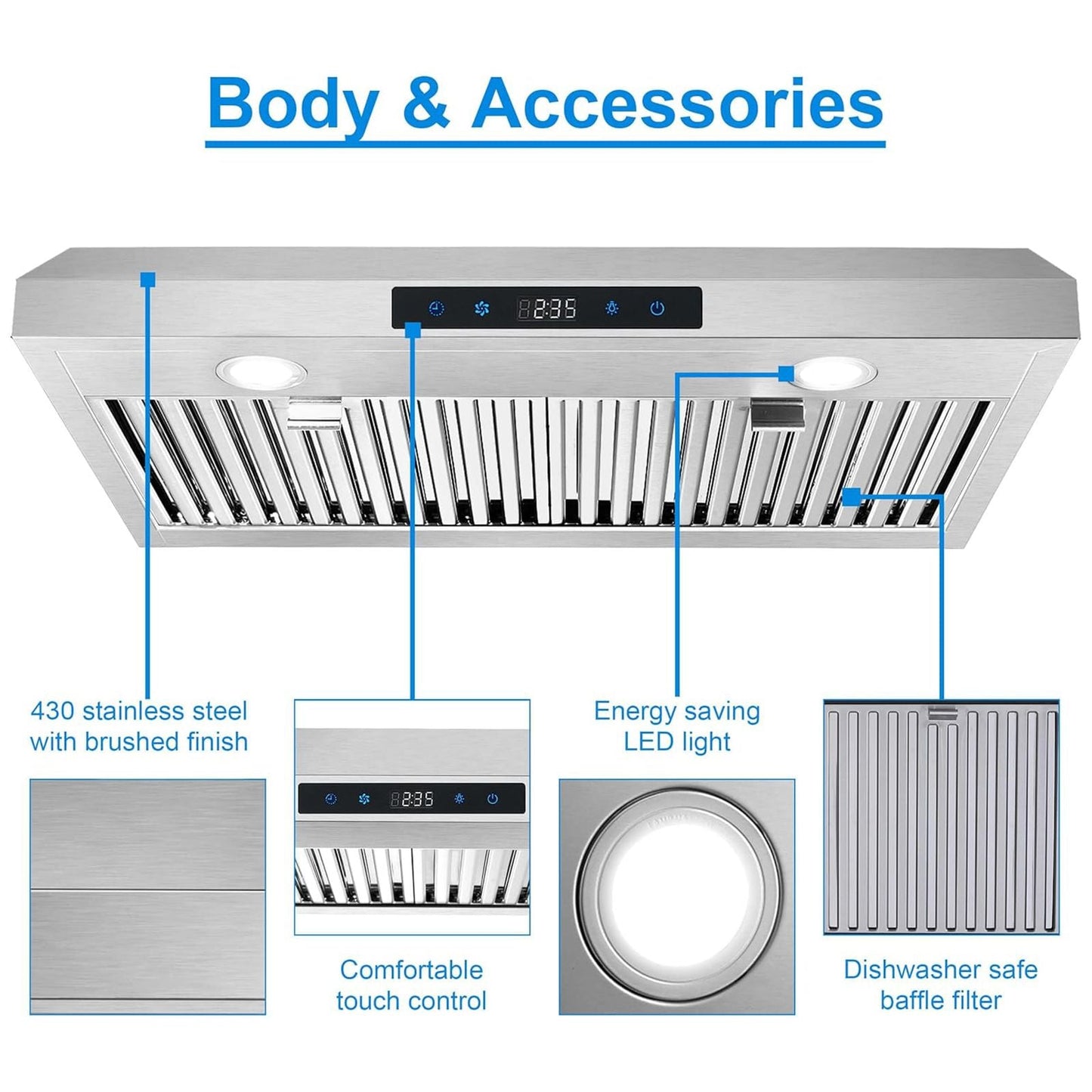 30 inch Kitchen Under Cabinet Range Hood 3 - Speed 600CFM Vent w/LEDs Silver/Black - 7DAY'S