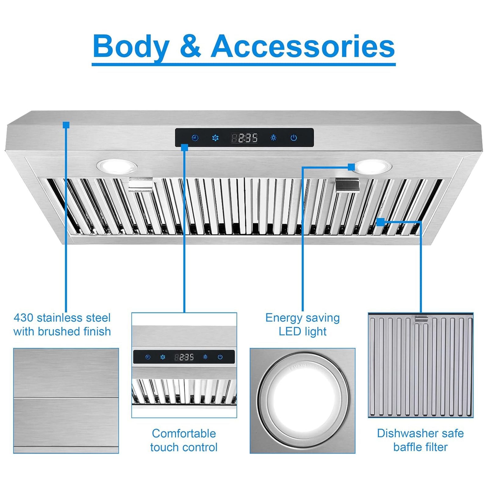 30 inch Kitchen Under Cabinet Range Hood 3 - Speed 600CFM Vent w/LEDs Silver/Black - 7DAY'S
