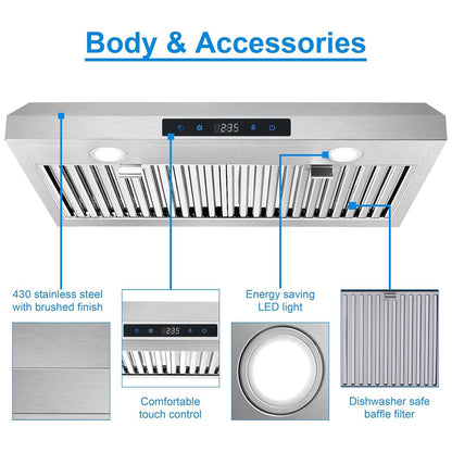 30 inch Kitchen Under Cabinet Range Hood 3 - Speed 600CFM Vent w/LEDs Silver/Black - 7DAY'S