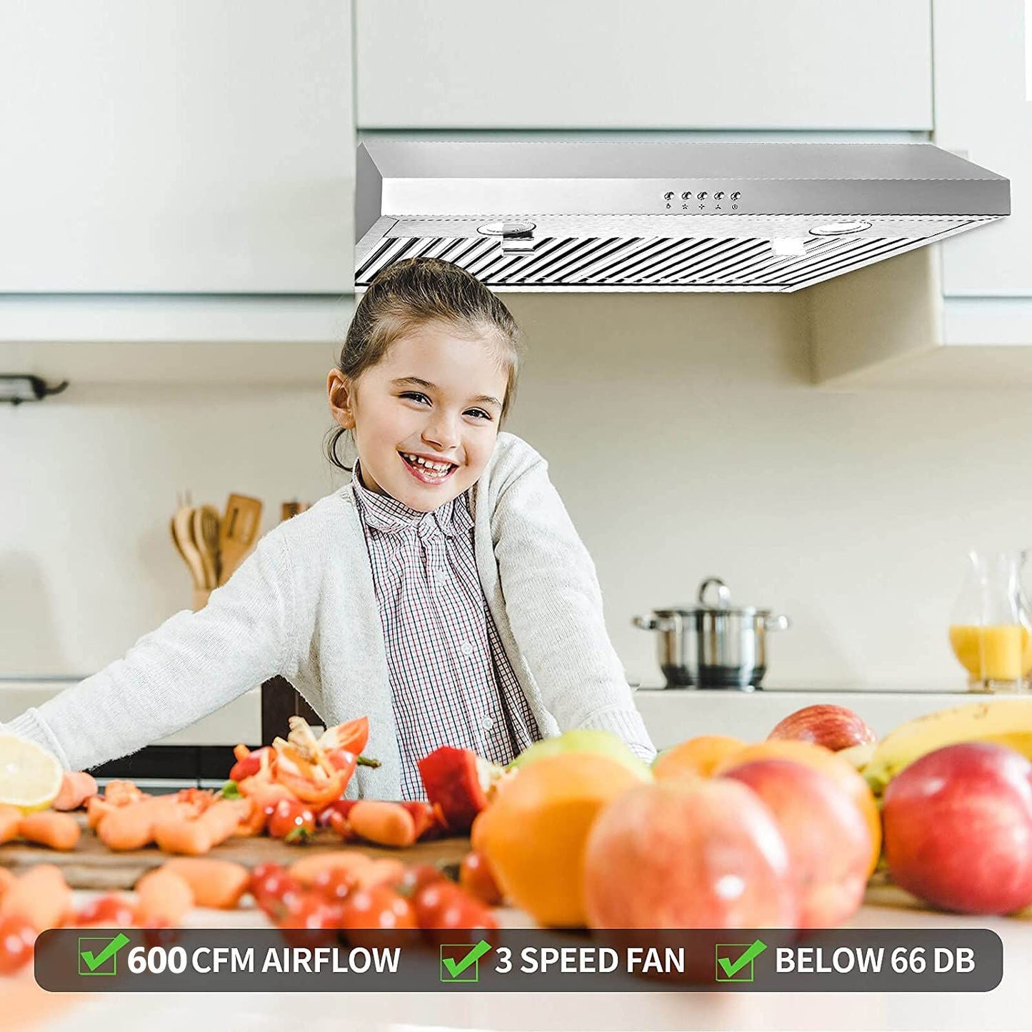 30 inch Kitchen Under Cabinet Range Hood 3 - Speed 600CFM Vent w/LEDs Silver/Black - 7DAY'S