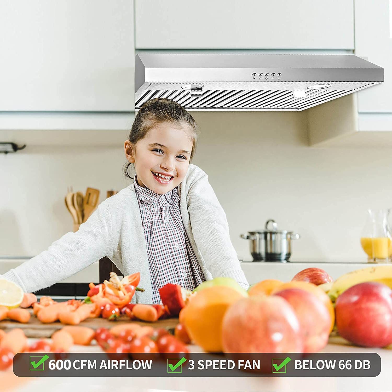 30 inch Kitchen Under Cabinet Range Hood 3 - Speed 600CFM Vent w/LEDs Silver/Black - 7DAY'S