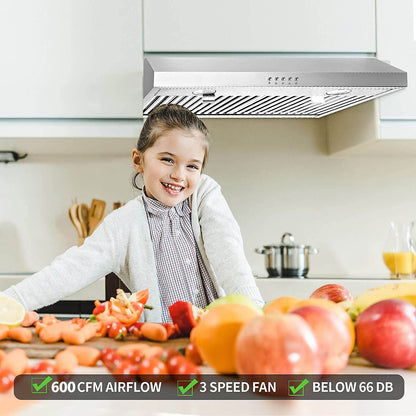 30 inch Kitchen Under Cabinet Range Hood 3 - Speed 600CFM Vent w/LEDs Silver/Black - 7DAY'S