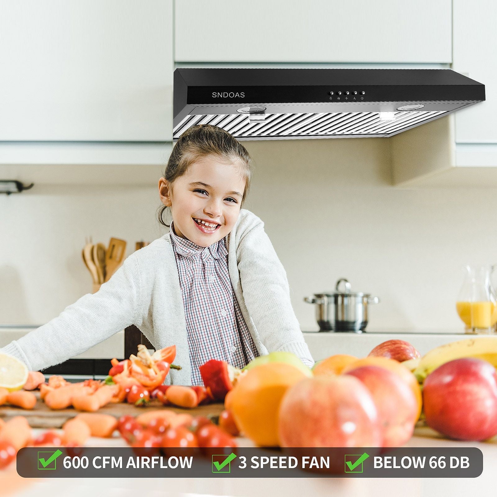 30 inch Kitchen Under Cabinet Range Hood 3 - Speed 600CFM Vent w/LEDs Silver/Black - 7DAY'S