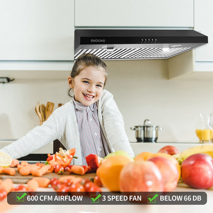30 inch Kitchen Under Cabinet Range Hood 3 - Speed 600CFM Vent w/LEDs Silver/Black - 7DAY'S