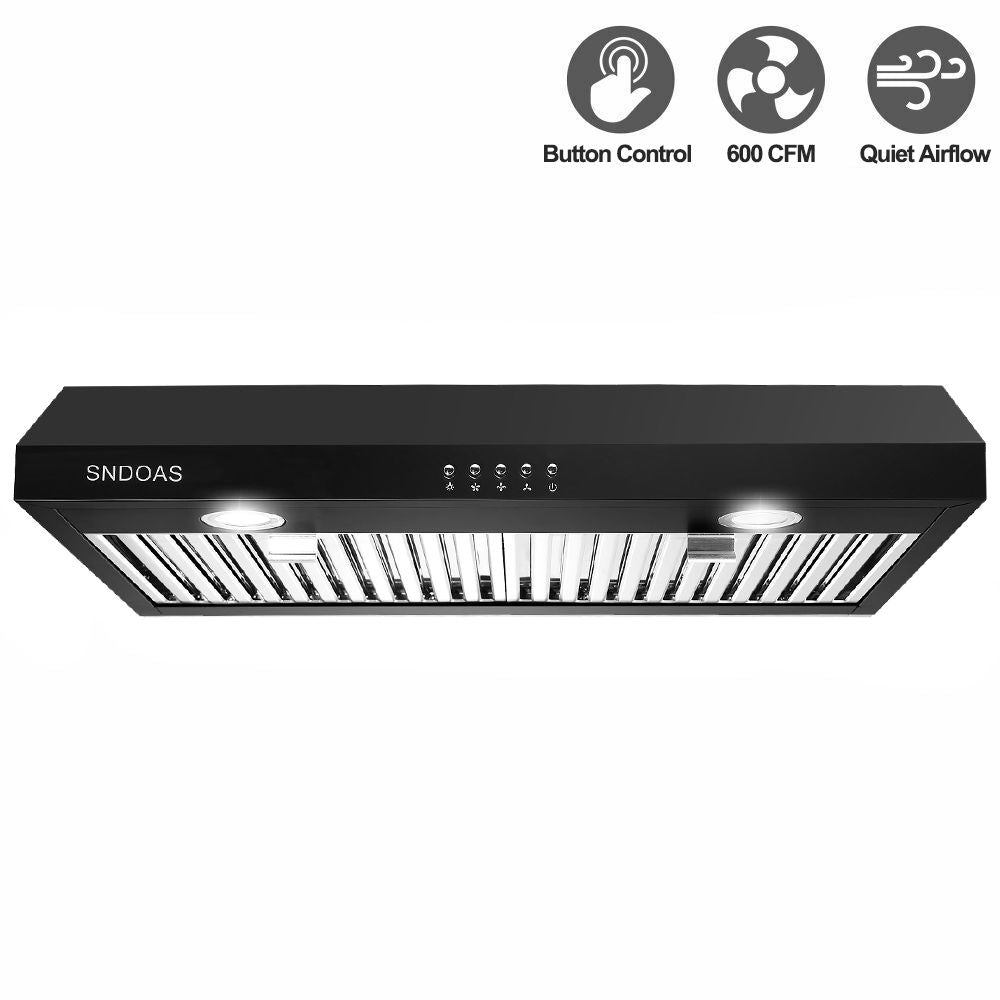 30 inch Kitchen Under Cabinet Range Hood 3 - Speed 600CFM Vent w/LEDs Silver/Black - 7DAY'S